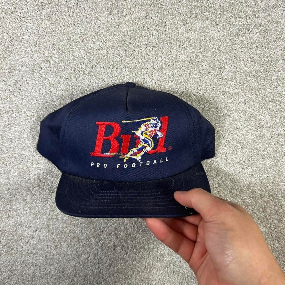 Vintage 90s Bud beer pro football navy blue SnapBack hat cap